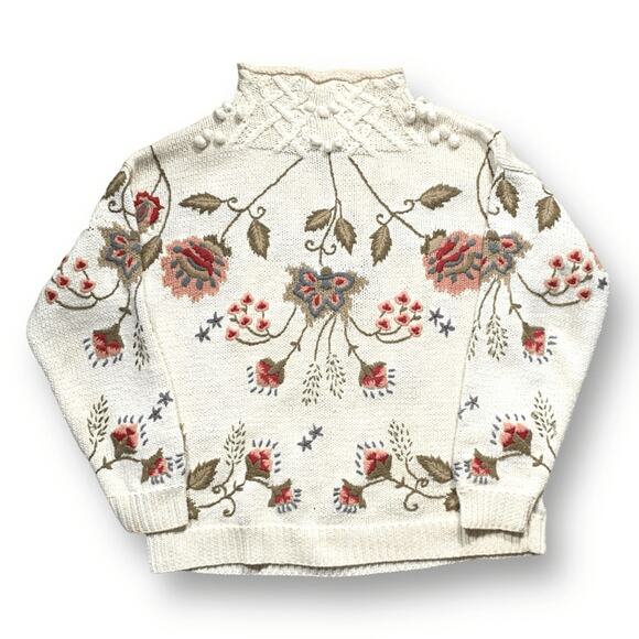 Vintage Women’s Country Suburbans Sweater Cream Floral Mock Neck Knit Medium - Picture 1 of 10